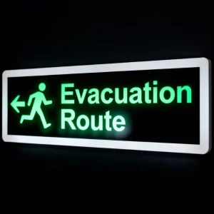 Multilingual Airport Exit and Egress Sign with High Contrast Colors and Photoluminescent Safety Stripes