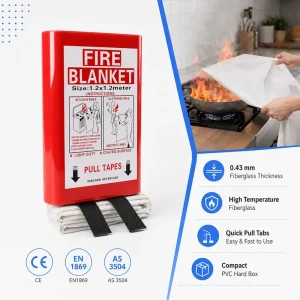 NFPA701 CE EN1869 Fiberglass Emergency Fire Blanket 1.2*1.2m 0.43mm Hard Case Retail Box Distributor Supply