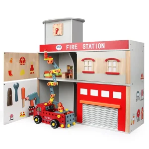 New Style Most Popular Children Simulation Preschool Wooden Toy Fire Station Wood Fire Fighting Truck Doll House Toys