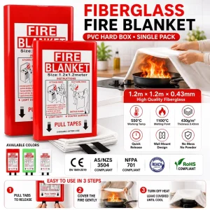 OEM 1.2*1.2m Fiberglass Fire Blanket PVC Hard Box Kitchen Grease Fire Suppression Supplier
