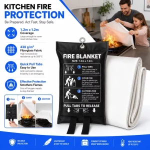 OEM ODM 1.2m Fiberglass Fire Blanket 430g PVC Soft Pouch with Multilingual Instruction Printing