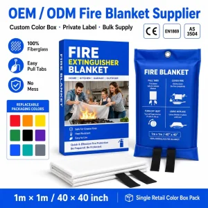 OEM ODM 1m * 1m Fire Suppression Blanket Fiberglass Retail Box Pack for Importers Brand Owners and Sellers