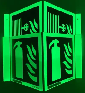OSHA Compliant Self Luminous Fire Extinguisher Sign Folded V Shape Projecting PVC Emergency Fire Safety Warning Sign