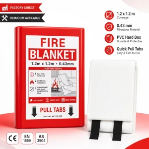 PVC Hard Case Fire Blanket 1.2*1.2m Fiberglass Cloth Pull Tape Design OEM Available