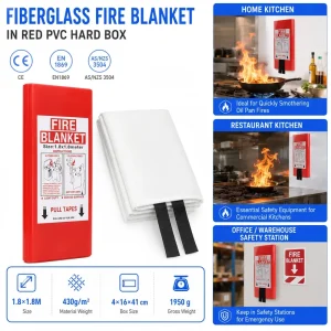 PVC Hard Case Fire Blanket 1.8*1.8m Fiberglass Cloth Pull Tape Design OEM Label Available