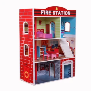 Pretend Play Fire Station House Design Doll House Red Wooden Dollhouse with Ladder and 7pcs Miniature Furniture