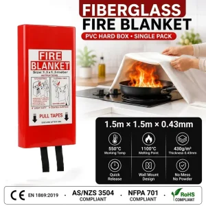 Quick Release Pull Tape 1.5m Fiberglass Fire Blanket PVC Hard Box CE EN1869 550 Celsius Wall Mountable