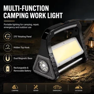 Rechargeable COB LED Work Light 15W Portable Camping Lamp with Power Bank Battery Display Magnetic Base Hook for Auto Repair
