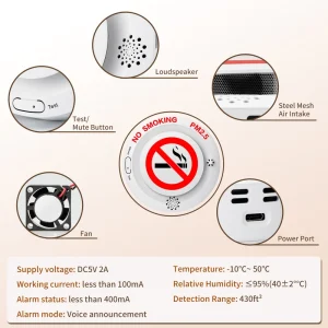 Smoke Detector Cigarette Tobacco Analyzer Indicator Standalone Wall Mounted Indoor Residential Detection Alarm Safety Device