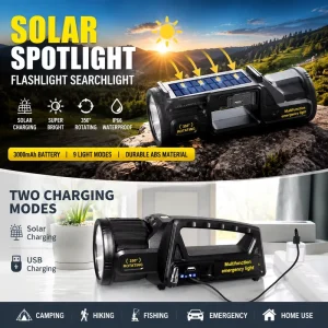 Super Bright 350 Rotating Head Solar Spotlight LED Searchlight Flashlight 9 Modes IP66 Waterproof Rechargeable Dimmable
