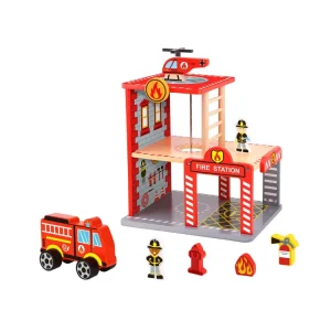 TOOKY TOY Designed Attractive Pretend Play in House Wooden Toy Fire Station for Boys 3+