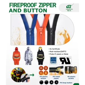 UL Fire Retardant Plastic Zipper Fireproof Aramid Tape Metal Zipper FR Buttons For Firefighter Protective Suit Safety Workwear