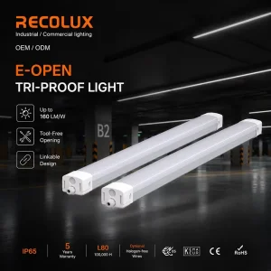 Up to 160LM W Emergency Function Linkable Design IP65 LED Tri Proof Light with 5 Year Warranty 22W 75W Options 120 Beam Angle