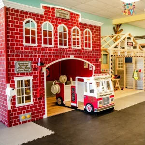 Wejoy Factory Fire Station Theme Tiny Town Kids Playhouse Wooden Role Play House Indoor Pretend Play Games for Toddler