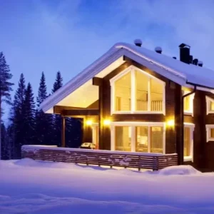 Winter Forest Wooden House with Lofted Ceiling Stone Fireplace and Sunlit Deck Ideal for Family Ski Holidays