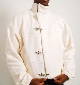 Zip Fireman Clasp Jacket Broken White Cotton Fleece Metal Clasp in Men’s Coats Jackets